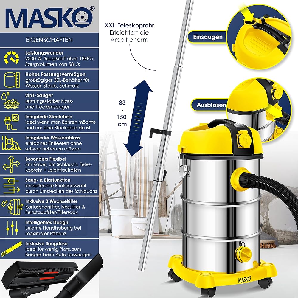 Masko Aspirateur eau et poussière 2300 W cuve en acier inoxydable avec fonction soufflage et prise électrique
