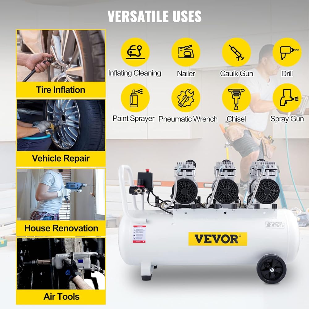 VEVOR Compresseur d'air sans huile 100 L 2,2 kW silencieux avec électrovanne