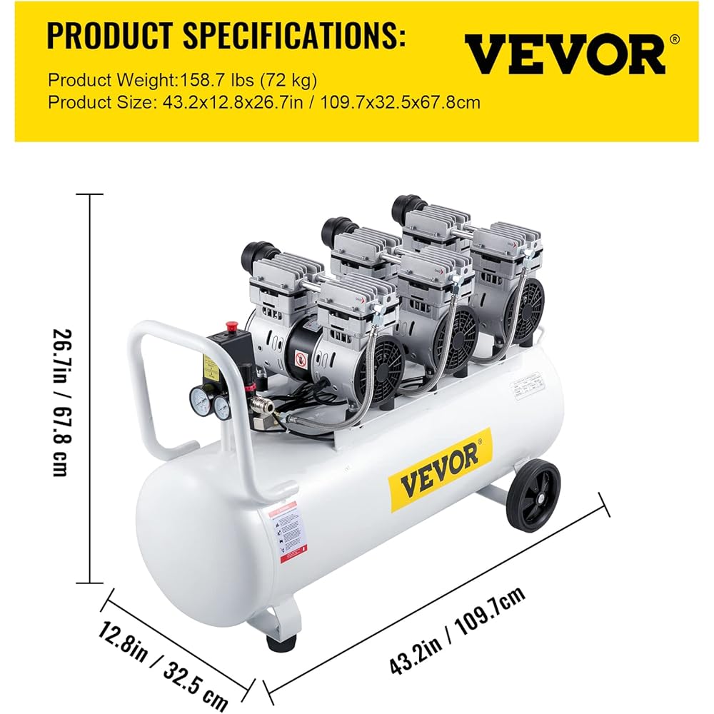 VEVOR Compresseur d'air sans huile 100 L 2,2 kW silencieux avec électrovanne
