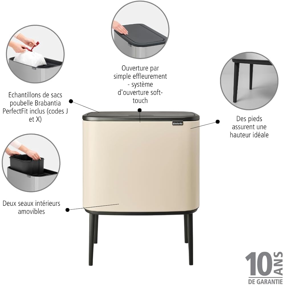Brabantia Bo Touch Bin Poubelle de Recyclage 34L Beige