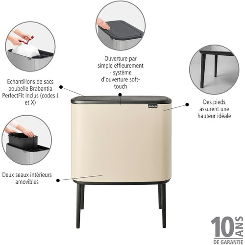 Brabantia Bo Touch Bin Poubelle de Recyclage 34L Beige