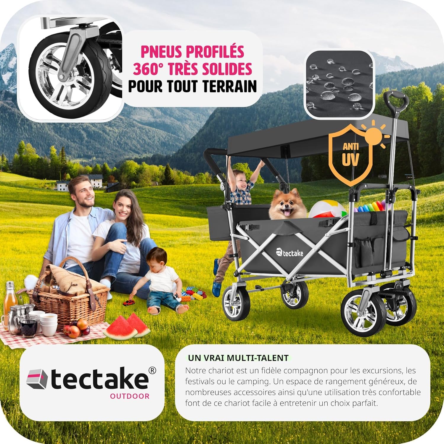tectake Chariot de transport pliable 80kg avec toit