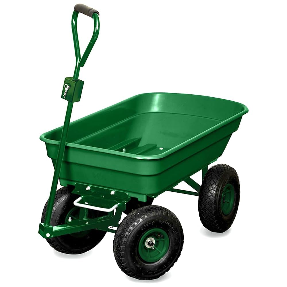 Chariot de jardin 4 roues 120 kg benne basculante 52 L avec fonction brouette et attelage pour tracteur tondeuse