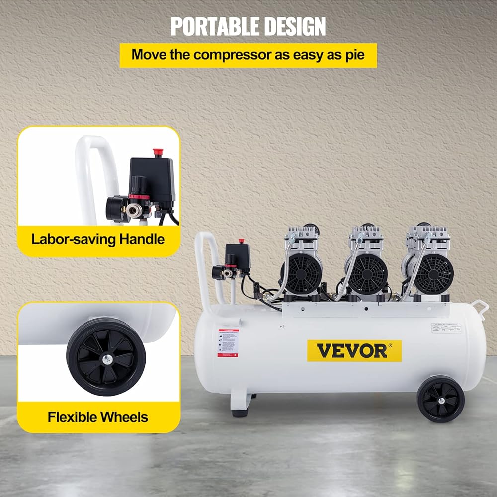 VEVOR Compresseur d'air sans huile 100 L 2,2 kW silencieux avec électrovanne