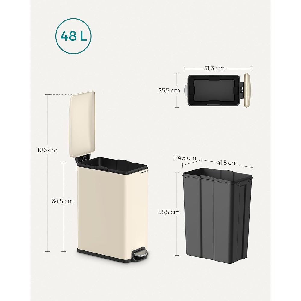 SONGMICS Poubelle à Pédale 48L Acier Beige Sable