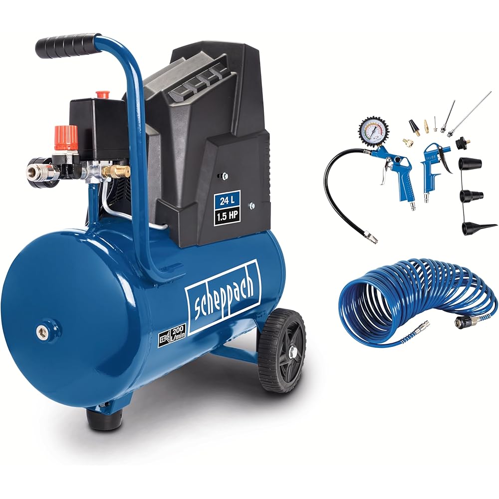 Scheppach HC30o Compresseur d'air sans huile 1100 W cuve 24 L pression 8 bar débit d'admission 200 L/min avec 13 accessoires